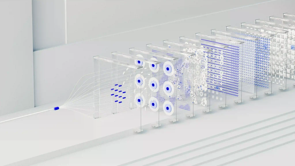 Abstrakte Darstellung einer fortschrittlichen neuronalen Netzwerk-Installation. Die Installation besteht aus einer Reihe transparenter Paneele, die mit kreisförmigen, blauen Punkten in verschiedenen Schattierungen dekoriert sind, die in einer dreidimensionalen Matrix angeordnet sind. Diese Punkte scheinen sich von einer zentralen Quelle am linken Bildrand in einer fließenden Bewegung nach rechts zu bewegen, wobei die Dichte der Punkte in den weiter entfernten Paneelen zunimmt. Diese künstlerische Darstellung visualisiert die dynamische Datenverarbeitung und Signalübertragung in einem neuronalen Netzwerk.